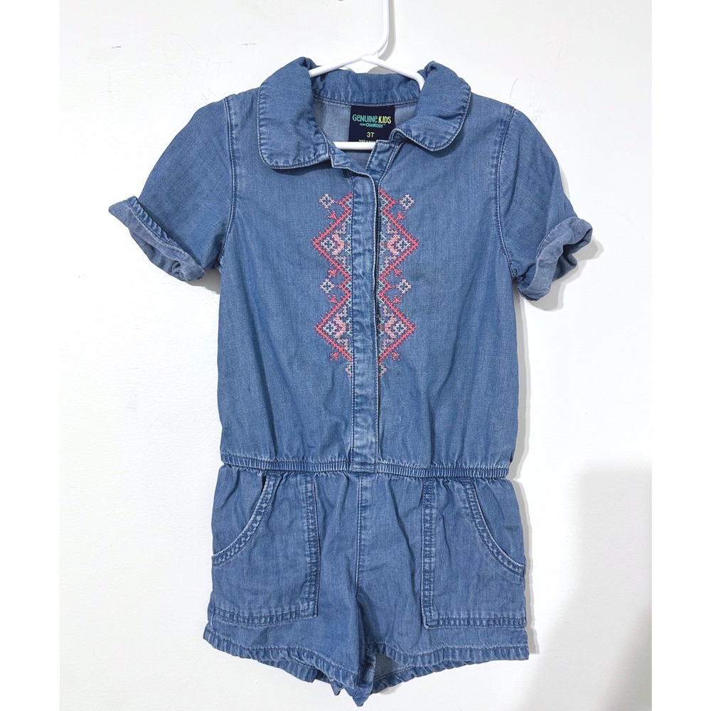Genuine Kids OshKosh Denim Romper Girls 3T Embroidered Short Sleeve Jumpsuit